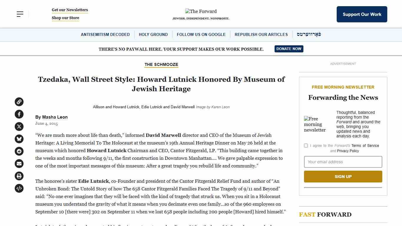 Tzedaka, Wall Street Style: Howard Lutnick Honored By Museum of Jewish Heritage – The Forward